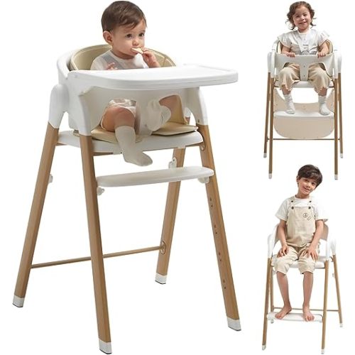 High Chair for Babies and Toddlers Adjustable Foldable Convertible 5 Point Harness Easy Clean Wood-Printed Metal with Removable Tray Baby Highchair for Family (White&Natural Wood-Printed Metal)