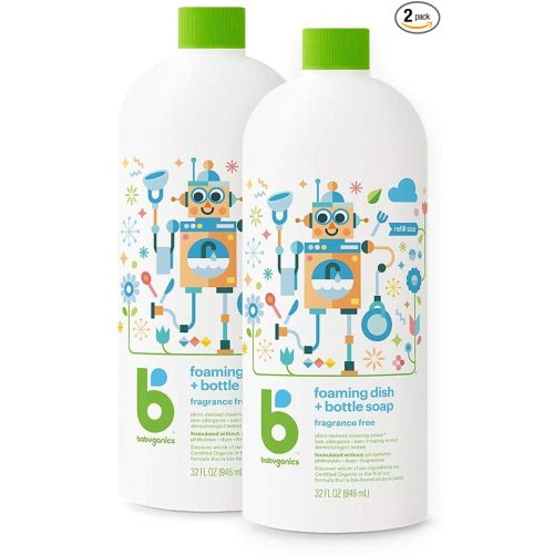 BabyGanics Foaming Dish Soap Refill, Fragrance Free, 32 Fl Oz (Pack of 2), Packaging May Vary
