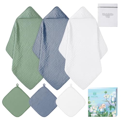 Soft Hooded Baby Towels for Newborn Babies 6 Pack 100% Cotton Muslin Baby Bath Towel with Hood, Absorbent Baby Bath Towels for Boys and Girls (Blue & Green & White)