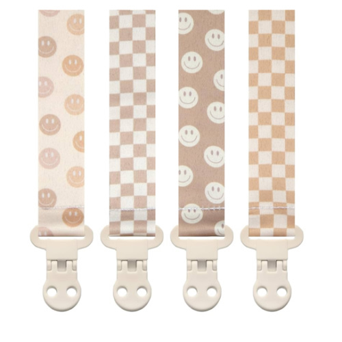 Baby Pacifier Clip Holder - Girl or Boy Unisex 4 Pack Gift Set - Retro Checker and Smiley Faces Design
