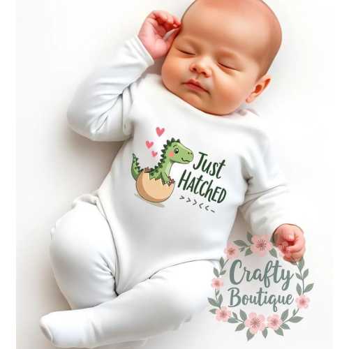 New Baby Outfit, Just Hatched Baby Grow, Dinosaur Sleep Suit Romper Gift Bib Newborn Set Dino Egg Announcement Newborn Outfit - 1128