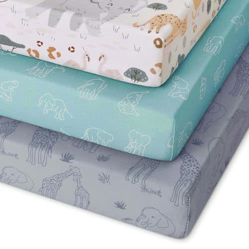 Unnivoll Pack and Play Sheets Fitted 3 Pack, Mini Crib Sheets for Pack N Play Mattress Stretchy Portable Playard Sheets, Soft Breathable Elephant