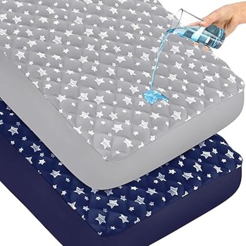 Crib Mattress Protector Waterproof 2 Pack, Quilted Crib Mattress Pad Cover 52" x 28" Extra Soft Breathable Toddler Bed Cover Stretch Up to 8", Grey & Navy Star