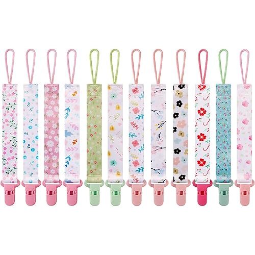 12 Pack Pacifier Clips with Adjustable Strap (32-46.5cm)/Short Strap(25.5cm) - Premium Polyester Baby Pacifier Holder Set, Multi-Design Clips for Boys Girls (Multicolor D 25.5cm)