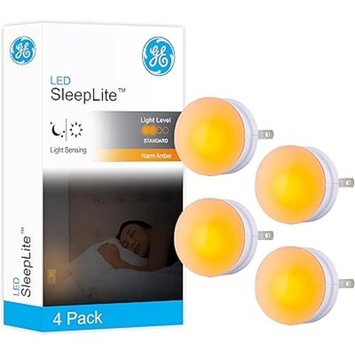 GE SleepLite LED Night Light, 4 Pack, Dusk-to-Dawn Sensor, Sleep Light, Dim Light, Warm Amber, Compact, Ideal for Bedroom, Nursery, Bathroom, Hallway,45041, 4 Count