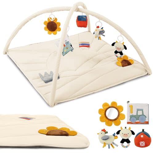 Beautiful Baby Play Gym and Tummy Time Mat - Soft Mat with 5 Farm Toys Creates The Perfect Activity Area for Your Girl/Boy - Stylish Infant Floor Playmat Fits Nicely with Any Playroom Decor