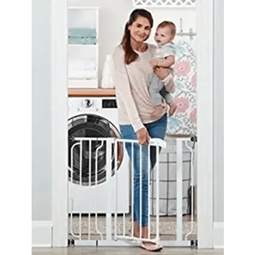 Regalo Easy Step 38.5-Inch Wide Walk Thru Baby Gate, for Bottom of Stairs, Hallways, Includes 6-Inch Extension Kit, Pressure Mount Kit, Wall Cups
