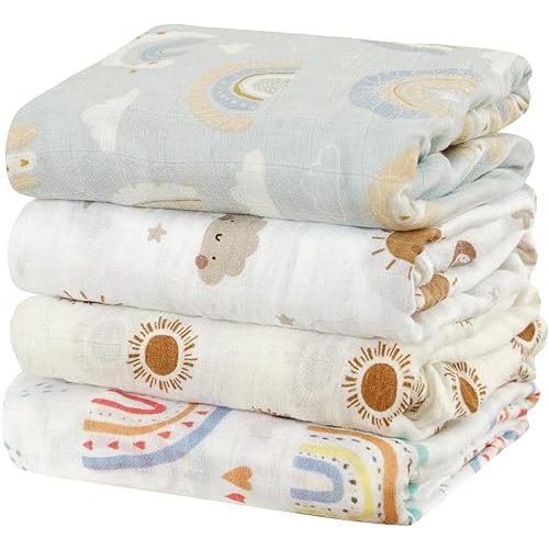 4 Set Muslin Swaddle Blankets for Newborn Baby Boys, Girls,Receiving Blankets-Cute Soft Print Baby Towel Wrap 120x110cm Baby(Rainbow)