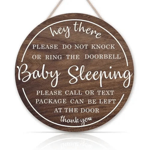 OLMIXA Baby Sleeping Wooden Sign (12x12 inch), Do Not Knock or Ring Door Knob Sign for Front Door, New Mom Gifts Do Not Disturb Door Hanger Sign for Porch Baby Bedroom Decor