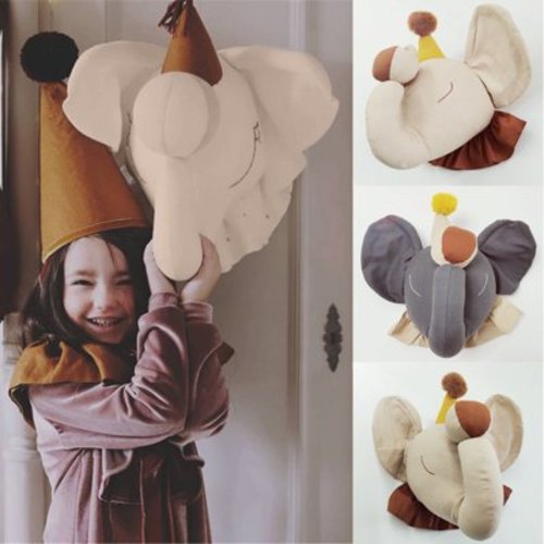Vnanda Elephant Stuffed Animal Head Wall Mount, Herringbone Details, Safari & Elephant Themed Bedroom, Playroom, Child’s Bedroom Wall, Home Decor, Kids Decor, Nursery Décor