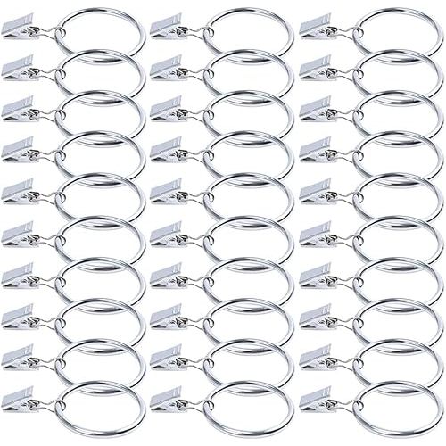 30Pcs Curtain Hooks, Silver Metal Curtain Rings 1.5 inch with Clips, Rustproof Matte Stainless Steel Drapery Rings for Curtains and Robs, Tension Rod Bracket Eyelets Decorative Hanger (Silver, 30pcs)