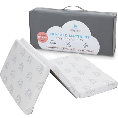 Waterproof Pack and Play Mattress Topper - 38" x 26" | Trifold Style - Breathable Soft Plush Foam - Portable Playard Mattress Topper- Baby Foam Playpen Mattresses for Babies - Boho Rainbow Design