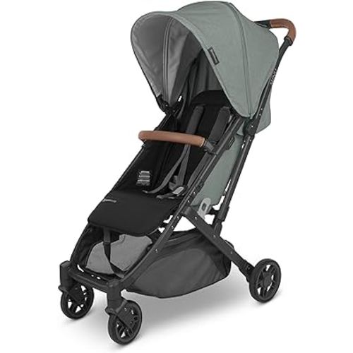 UPPAbaby Minu V2 Travel Stroller/Lightweight, Portable Design/One-Hand Fold/Shoulder Strap and Leather Bumper Bar Included/Gwen (Green Mélange/Carbon Frame/Saddle Leather)