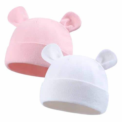 Duoyeree Baby Hat Newborn Hat Adorable Cotton Bear Ear Beanie Cap for Infant Girl Boy 0-6 Months White Pink