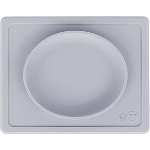 ezpz Tiny Plate - 6 Months+ (Pewter) - Silicone Suction Plate for Baby with Built-in Placemat - Baby Led Weaning Supplies - Infant Plate That Fits on Most Highchair Trays