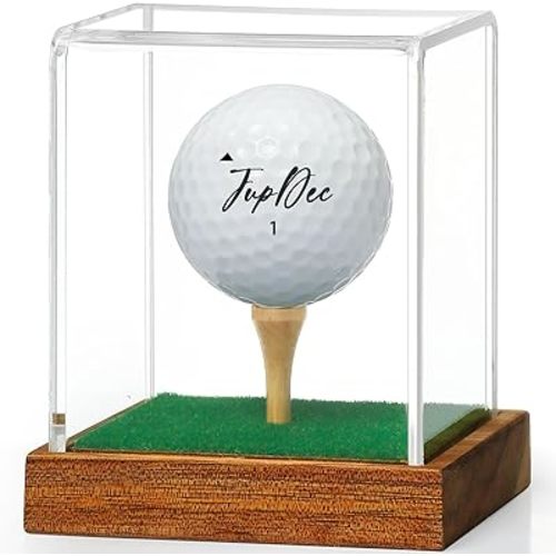 JupDec Golf Ball Display Case Clear Acrylic Memorabilia Stand Cube Holder with Wood Base & Tee, Dust Protection Transparent Storage Box for Single Ball Souvenir Golfball Collections, Brown, 1 Pack