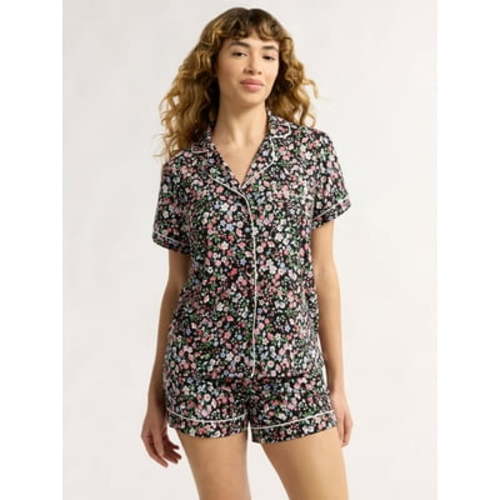 Joyspun Women’s Short Sleeve Knit Notch Collar Top and Shorts Pajama Set, 2-Piece, Sizes XS to 3X