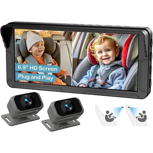 Dual Baby Car Camera for 2 Kids – 6.9” Split Screen Ultrawide HD Display with 2 Cameras, IR Night Vision, Easy Installation, Dual Car Camera Baby Monitor for Infant & Toddler Safety by Fodkh