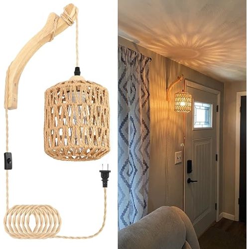 Frideko Rattan Wall Lamp with Plug in Cord Hand Woven Plug in Wall Sconces Paper Rope Wall Light Farmhouse Wall Sconce Wall Mounted Light Boho Wall Sconces Wall Lighting for Bedroom Living Room