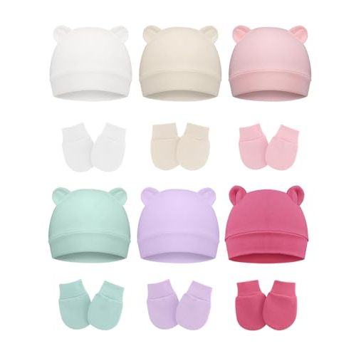 ZURLEFY Cotton Baby Hats and Mittens Set Unisex, Toddler No Scratch Mittens and Beanie Cap Infant Newborn Hospital Hat