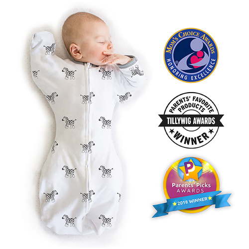 Amazing Baby - Transitional Swaddle Sack - Arms Up 1/2-Length Sleeves & Mitten Cuffs, Tiny Zebras, Soft Black
