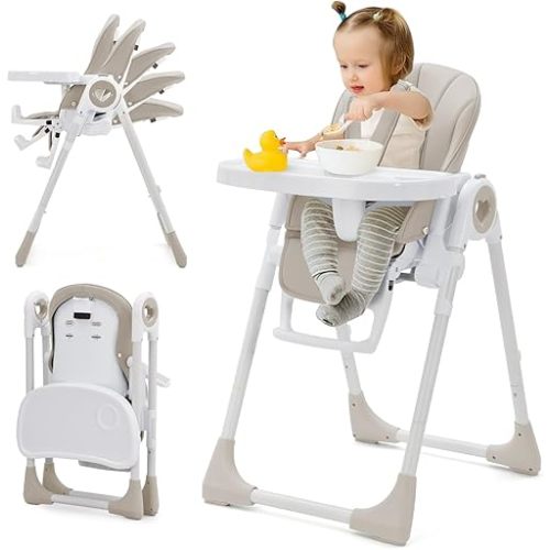 Foldable High Chairs for Babies and Toddlers, Adjustable Infant Baby Chair with Removable Tray and Non-Slip Foot Pads, Highchair for Children Aged 6 to 36 Months, Grey