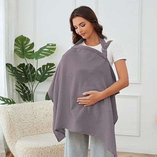 Nursing Cover for Baby Breastfeeding with Rigid Hoop, Breathable Soft 100% Muslin Cotton, Baby Breast Feeding & Pumping Apron, Multi Use Baby Car Seat Stroller Cover (Purple)
