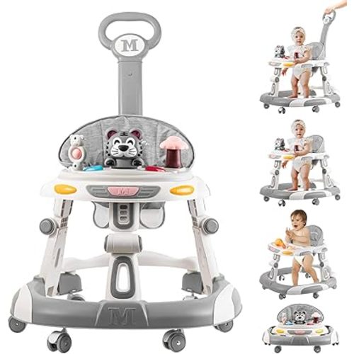 Baby Walker, 4-in-1 Foldable Baby Walkers and Baby Activity Center with Toys Tray,3-Gear Height Adjustable Infant Toddler Baby Walker with Wheels for Baby Boys and Girls 6-24 Months(Grey)