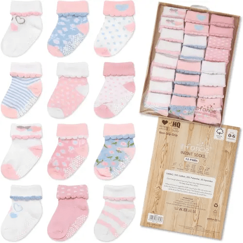 Baby Socks 12 Pairs - Non-Slip Infant Grip for Newborns & Toddlers 0-6 Months, Boys & Girls, Safe for Walking