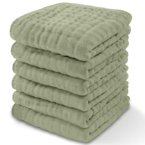 Comfy Cubs Muslin Baby Washcloths 6 Pack - Soft 6-Layer Cotton Wash Cloths for Sensitive Skin - 10"x10" Large, Gentle, Absorbent Infant Essentials for Newborn and Toddlers - (Sage)