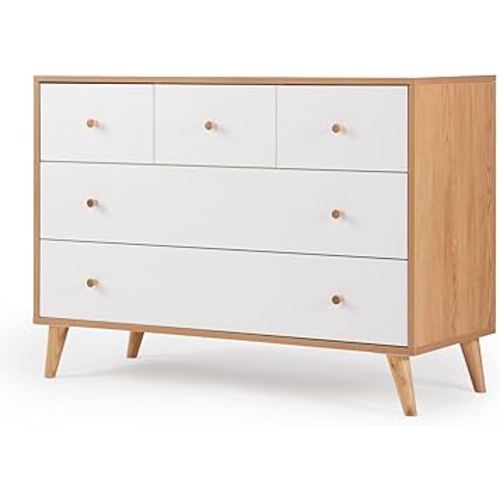 dadada Austin 5-Drawer Dresser for Nursery and Bedroom - Modern Design, Large Storage, Baby-Safe Finish, Anti-Tip Safety, Solid Wood Feet, Durable Construction (White+Natural)