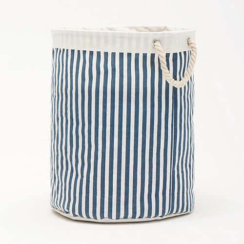 Large Storage Laundry Hamper Basket 62L with Handles for Dirty Clothes Toy Organizer Bins, Waterproof, Collapsible Laundry Hamper, Stripes Pattern, Navy Blue Color, 1-Pack, Bathroom, Dorm