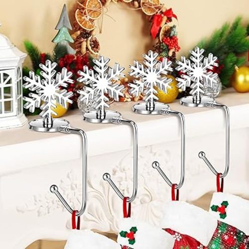 Christmas Stocking Holders for Mantle Lightweight, Small Snowflake Stocking Holder Set of 4, Rotatable Fireplace Stocking Hangers Suitable for mantels Less Than 2.7 inches(Snowflake)