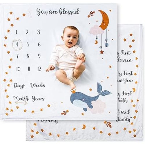 Monthly Baby Milestone Blanket with Photo Props - Reversible Soft Polyester Memory Blanket for Age & First Moments - Essential Newborn Photography Background Mixte