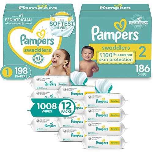 Pampers Baby Diapers and Wipes Starter Kit, Swaddlers Disposable Baby Diapers Sizes 1 (198 Count) & (186 Count) with Sensitive Water Based Baby Wipes 12X Multi Pack Pop-Top and Refill (1008 Count) - Size 1 and 2