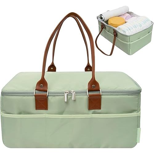 Diaper Caddy Organizer, Baby Essentials Basket With Lid, Polyester Waterproof Car Caddy, Portable and Foldable with Handle/8 Side Pockets (Green)
