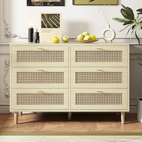 6 Drawer Rattan Dresser for Bedroom, Natural Wood Boho Dresser, 6 Drawers Wicker Dresser Bedroom Wooden Dressers on Clearance, Mid Century Modern Light Wood Rattan Dresser