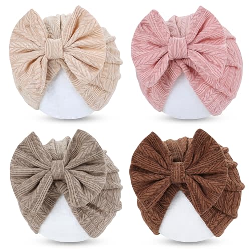 Cinaci 4 Pieces Baby Girls Turban Hats with Bow Newborn Hospital Caps Bonnets Beanies Headwraps for Infants Toddlers