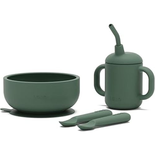 Lalo First Bites Silicone Baby Feeding Set - Baby Led Weaning Supplies - Non-Toxic Silicone - Includes 2 Spoons, Training Cup, & Suction Bowl - 4 Pieces - Olive