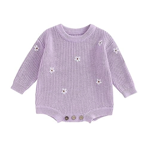 Qiylii Infant Baby Girl Flower Knit Sweater Romper Crewneck Long Sleeve Pullover Sweatshirt Onesie Fall Winter Clothes