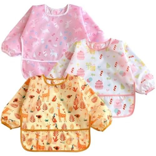 PandaEar (3 Pack Long Sleeve Bibs| Waterproof Full Sleeve Bib for Baby Infant Toddler 6-36 Months