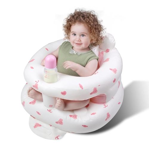 Inflatable Baby Seat for 3-36 Months Babies, Blow up Baby Chair with Built-in Air Pump, PVC Material, Full Enclosure Protection, Outdoor Travel Inflatable Chair for Infant, Pink Love Rabbit
