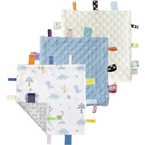 CREVENT Tag Security Blankets for Babies, Soft Small Loveys for Boys, Baby Comforter Sensory Blanket, Great Gifts for Birthday Baby Shower (10"X10" Dino + Blue + Ivory)