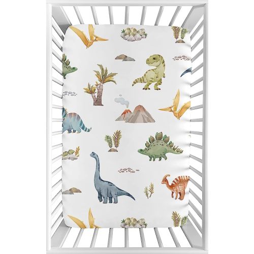 Sweet Jojo Designs Watercolor Dinosaur Dino Boy Baby Fitted Crib Sheet Set Infant Newborn Nursery Toddler Bed Room Standard Mattress 2p Blue Tracks Footprint Green Modern Dinosaurs Animal Nature
