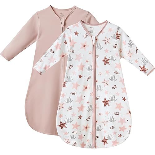 JELLYMONI Baby Sleep Sack 0-6 Months Long Sleeve Wearable Blanket for Baby, 100% Cotton 2 Pack Infant Toddler Baby Sleeping Sack Lightweight Soft 2-Way Zipper