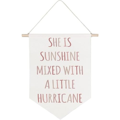 QODUNG Girls Room Decor,She is Sunshine Mixed with a Little Hurricane,Girl Nursery Decor,Canvas Hanging Pennant Wall Flag for Girlsroom Bedroom Home Nursery