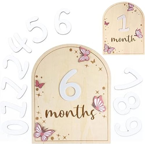 Baby Monthly Milestone Cards - Wooden Monthly Milestone Discs - Newborn Photography Props to Document Your Baby´s Growth - Baby Announcement Sign (Butterfly)