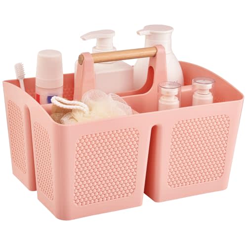 Haundry Plastic Pink Shower Caddy Basket with 3 Compartments, Portable Divided Bathroom Cleaning Caddy Organizer Storage Tote with Handle for Dorm, College, Room Essentials