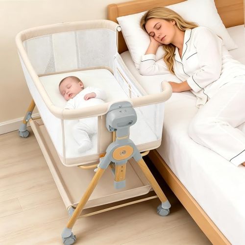 Baby Bassinet with Mattress, Bassinet Cot Sleeper 3-in-1 Bedside Bassinets with 6 Adjustable Height, Baby Cot Cribs with Mosquito Net, Baby Crib for 0-5 Months Babies, Beige