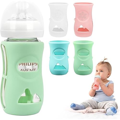 4 Pack Silicone Sleeves for Philips Avent Glass Natural Baby Bottle 8oz, Anti Breakage Glass Baby Bootle Sleeve for Philips Avent Glass Bottle, BPA Free Baby Bottle Holder, Dishwasher/Heaters Safe